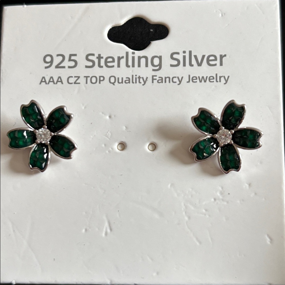 Sterling Silver Green Floral Earrings with AAA CZ